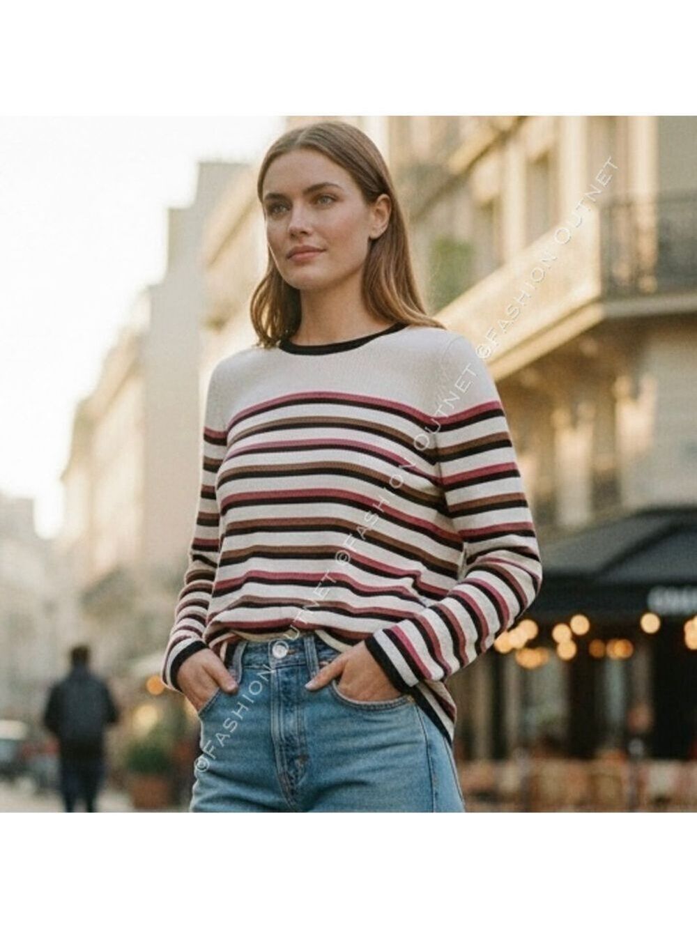 Massimo Dutti Silk Cotton Striped long sleeve Top minimalist Sz L Quiet Luxury